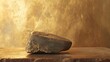 A rock, a lump of native gold, is sitting on top of a wooden table, resembling an unrefined sparkling gold nugget and black stone.