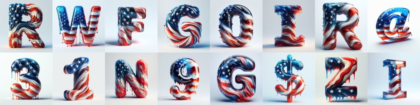 US flag glass 3D Lettering Typeface. AI generated illustration