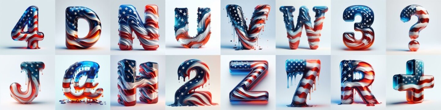 US flag glass 3D Lettering Typeface. AI generated illustration