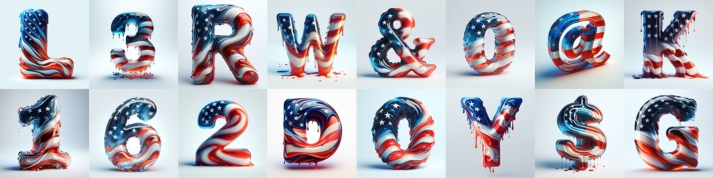 US flag glass 3D Lettering Typeface. AI generated illustration
