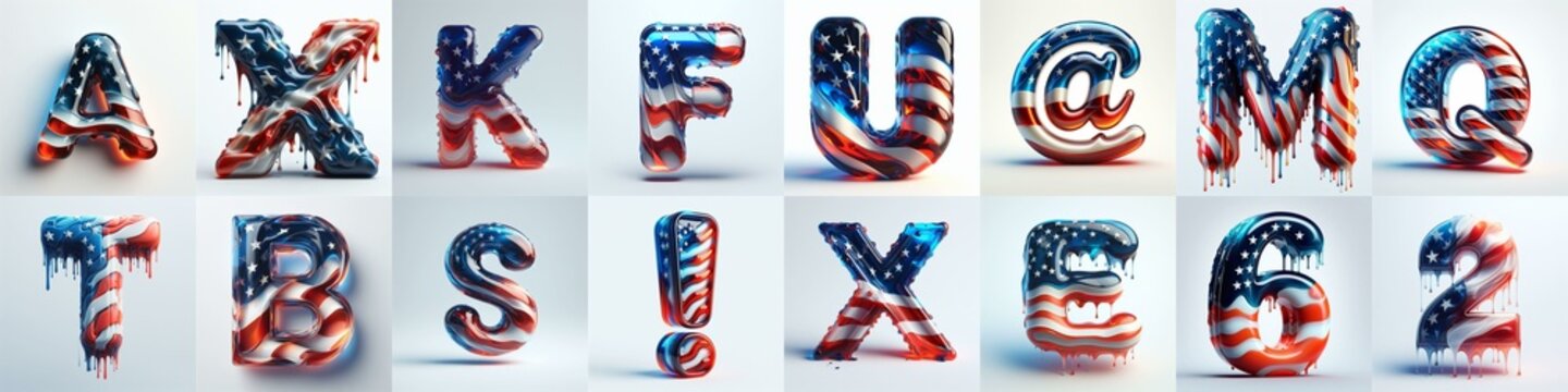 US flag glass 3D Lettering Typeface. AI generated illustration