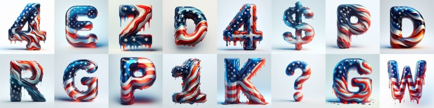 US flag glass 3D Lettering Typeface. AI generated illustration