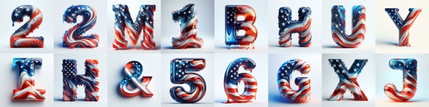 US flag glass 3D Lettering Typeface. AI generated illustration