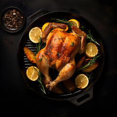 Delicious whole roasted chicken with vegetables close-up on a plate on the table, perfect for dinner or Thanksgiving.