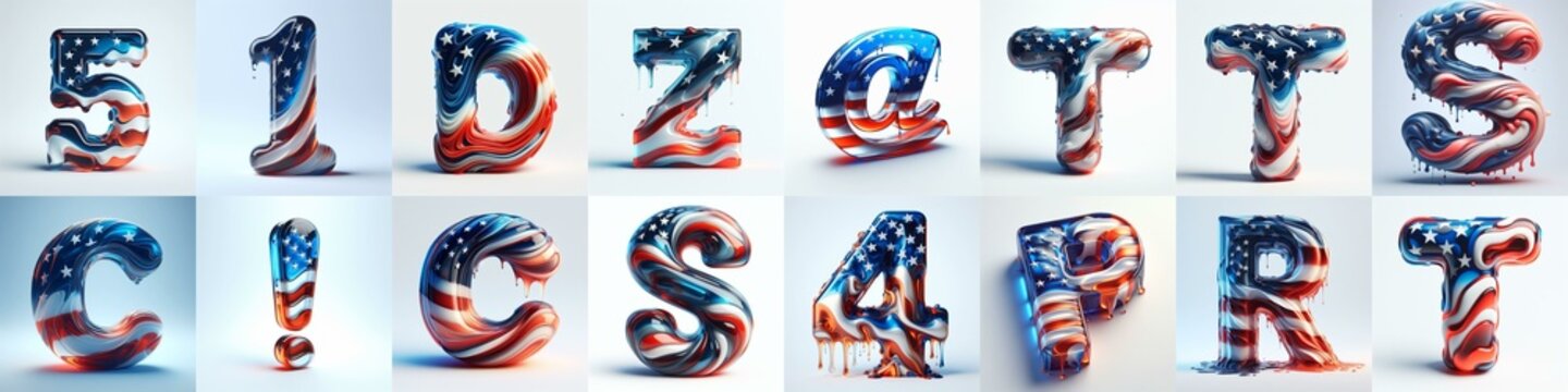 US flag glass 3D Lettering Typeface. AI generated illustration