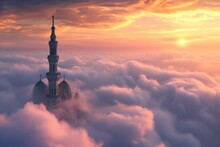 Tall Tower Or Minaret Piercing Through A Thick Bed Of Fluffy Clouds