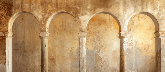 Canvas Print - Interior details of an old Arabic house with numerous arches on a grungy wall.