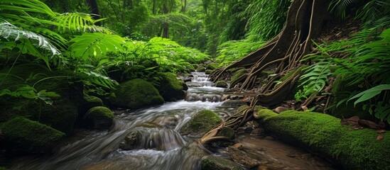 Wall Mural - Nature background featuring a pure water stream in a lush forest wilderness with tree roots, moss, and fern leaves.