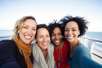 smiling friends posing for selfie with ocean backdrop on deck