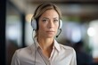 woman with a headset talking strategy, serious demeanor