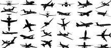 Airplanes Set Black Silhouette, On White Background Vector