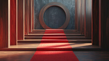 An Elegant Red Carpet Climbing Steps To A Circular Wooden Portal Against A Textured Wall, Reminiscent Of Exclusive Events And Grand Entrances.