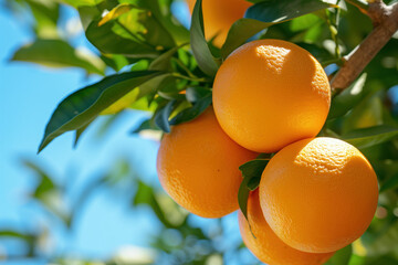 Poster - A close up of a bunch of orange fruits on a tree, sunny day. Created with Generative AI technology