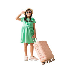 Wall Mural - Happy smiling asian little girl were hat and sunglasses posing with suitcase, Travel fashion summer holiday concept, Full body isolated on white background