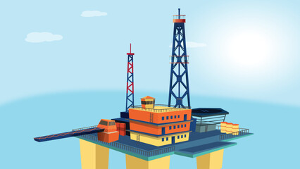 Sea oil extraction rig. Offshore drilling platform in modern stylized cartoon style on blue ocean background. Vector illustration