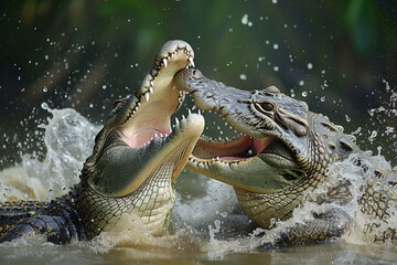 Wall Mural - Two crocodiles tearing and biting in the water