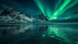 Aurora borealis on the Lofoten islands, Norway. Green northern lights above mountains and ocean shore. Night winter landscape with aurora and reflection on the water surface.