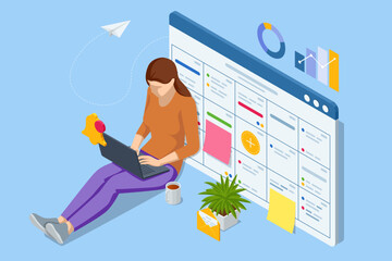 Poster - Isometric Business Project Management System. Project manager working on laptop and updating tasks. Project manager updating tasks and milestones progress planning. Digital Calendar Schedule.