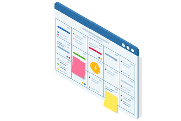 Poster - Isometric Business Project Management System. Planning showing tasks and deadlines. Project manager updating tasks and milestones progress planning. Digital Calendar Schedule.