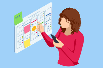 Poster - Isometric Business Project Management System. Scrum task board Project manager updating tasks and milestones progress planning. Digital Calendar Schedule