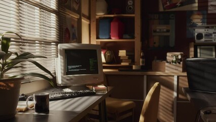 No people shot in lowkey of old computer monitor with program code on black background on it standing at desk in front of closed window blinds in vintage style room with dimmed light