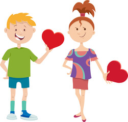 Wall Mural - cartoon girl and boy characters with Valentines Day cards