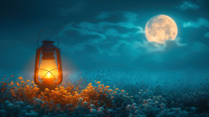 Mystical Moonlit Night accompanied by a Golden Glowing Lantern Background 