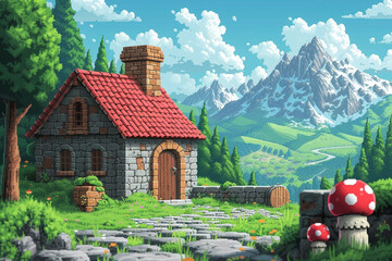 Wall Mural - illustration of world of 8 bit video game