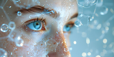 Wall Mural - a beautiful woman with blue eyes portrait blue tones hydrating serum molecules structure and flying 