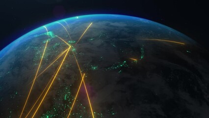 Wall Mural - As the Earth rotates, a series of golden lines symbolizes the intricate web of worldwide networks. Data transfer, cargo routes, commerce linkages, and flight paths come to life.