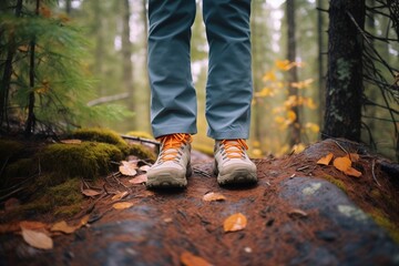 Wall Mural - feet with hiking boots on a forest trail