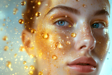 Wall Mural - a beautiful woman portrait with gold hydrating serum molecules structure on the face, light backgrou