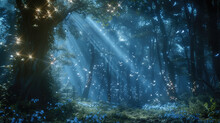 Magical Forest With Luminous Butterflies, Blue Light And Sparkle Effects, Creating An Atmosphere Of Magic And Mystery. Futuristic Landscape Background.