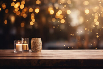 Wooden table spa bokeh background, empty wood desk product display mockup with relaxing wellness massage salon blurry abstract backdrop, body care cosmetic ads presentation. Mock up, copy space .