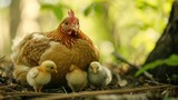 Fototapeta Młodzieżowe - Cute picture of the hen guarding the little chicks. Generative AI