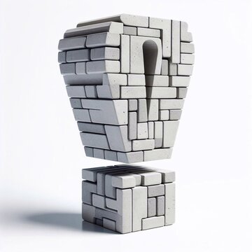 Exclamation mark shape created from concrete and briks. AI generated illustration