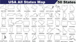 © Arafat - USA All States Map, detailed outlines, labeled, educational geography tool. Perfect for teaching, learning American states. Black and white illustration