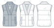 Down Jacket Vest technical fashion Illustration. Puffer Vest Coat fashion flat technical drawing template, button, sleeveless, front, back view, white, grey, rib, women, men, unisex CAD mockup set.