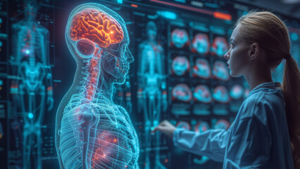 Poster - Dedicated doctor examines holographic representation of the human neural system and spinal nerves