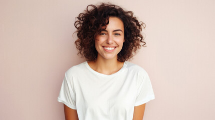 Wall Mural - young happy woman, smiling gen z girl model wearing tshirt looking at camera standing on color backg