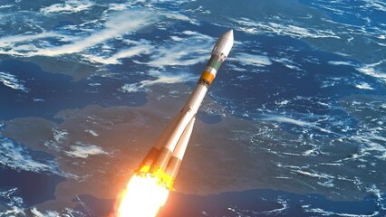 Wall Mural - cargo carrier rocket flies above the earth. 3d animation. 4k.