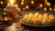 Indian Festival Dussehra, showing golden laddu or laddu made from sweetened condensed milk and sugar.