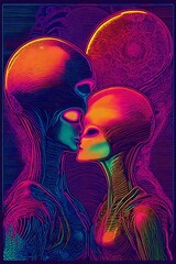 a vintage retro black light psychedelic concert gig band music poster featuring two aliens in love kissing and hugging