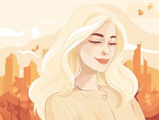 Wall Mural - illustration of a girl with white hair looking sideways on an orange background. blonde day