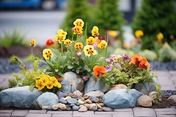 Wall Mural - a summer flower bed surrounded by decorative rocks