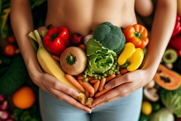 woman holding vegetables,  gut health concept