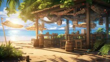 The Restaurant On Tropical Beach With Trees In Summer Holiday. Cartoon Or Anime Watercolor Digital Painting Illustration Style. Seamless Looping 4k Video Animation