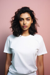 Wall Mural - Young pretty cool Indian woman model wearing tshirt looking at camera standing on color background. Face skin care cosmetics makeup, fashion ads. Beauty portrait. White t-shirt mock up template .