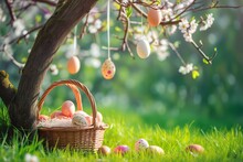 Basket Of Eggs On Grass, Tree With Hanging Eggs Above