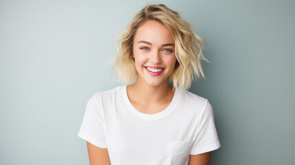 Wall Mural - young happy woman, smiling gen z girl model wearing tshirt looking at camera standing on color backg